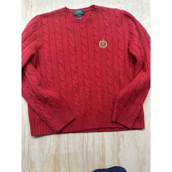 Vintage Ralph Lauren Sweater Label 100% Lambswool Red Cable Knit L Crest Logo - Picture 1 of 7
